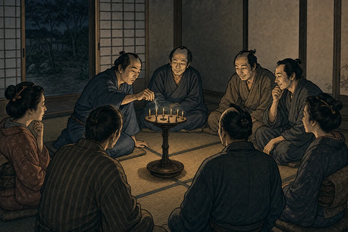 怪談を語る人々が輪になり、一話終えて灯心を一本消す場面