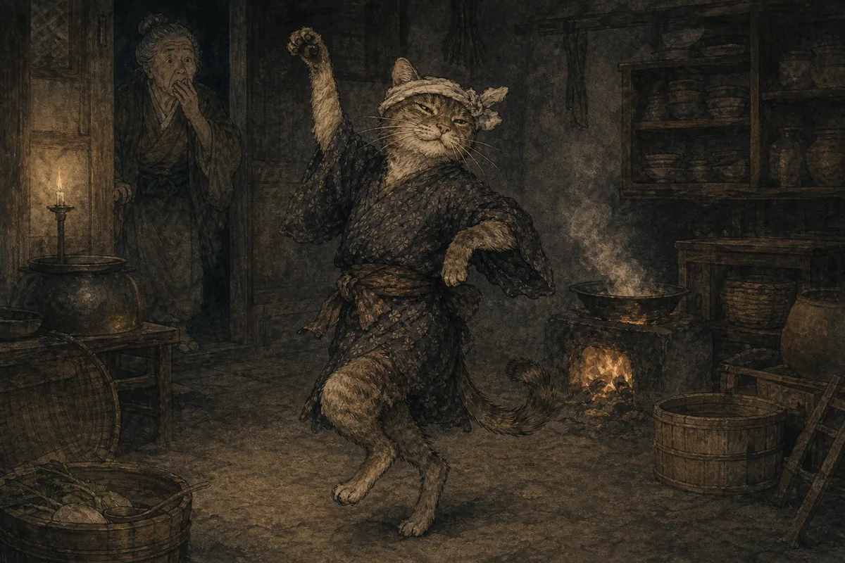 手拭いを頭に巻いた猫が夜の台所で二本脚になって踊る場面
