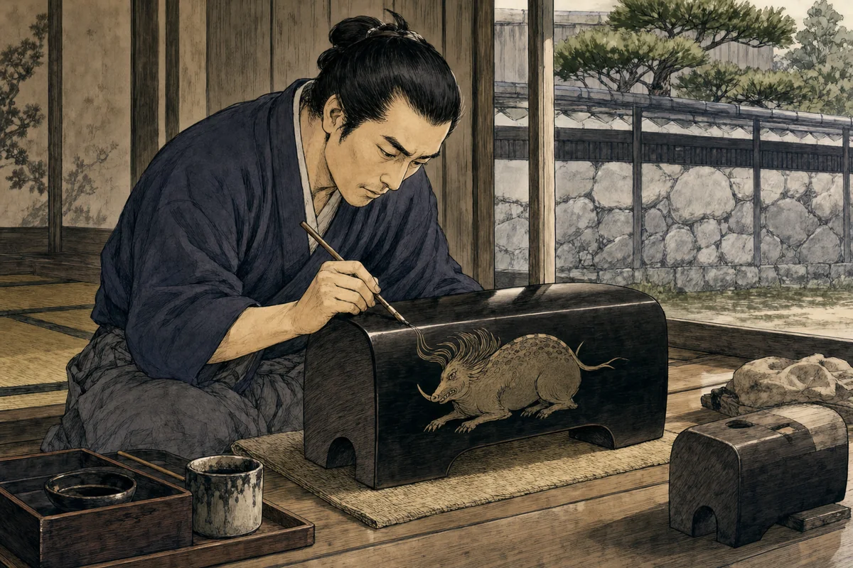 室町時代の武家屋敷で、職人が黒い木枕の側面へ獏を描く場面