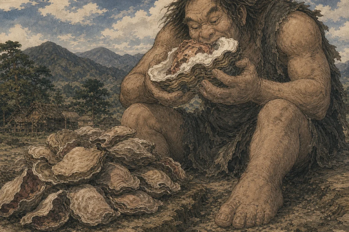 巨人が大きな貝を食べ、殻を丘の脇へ積み上げる場面