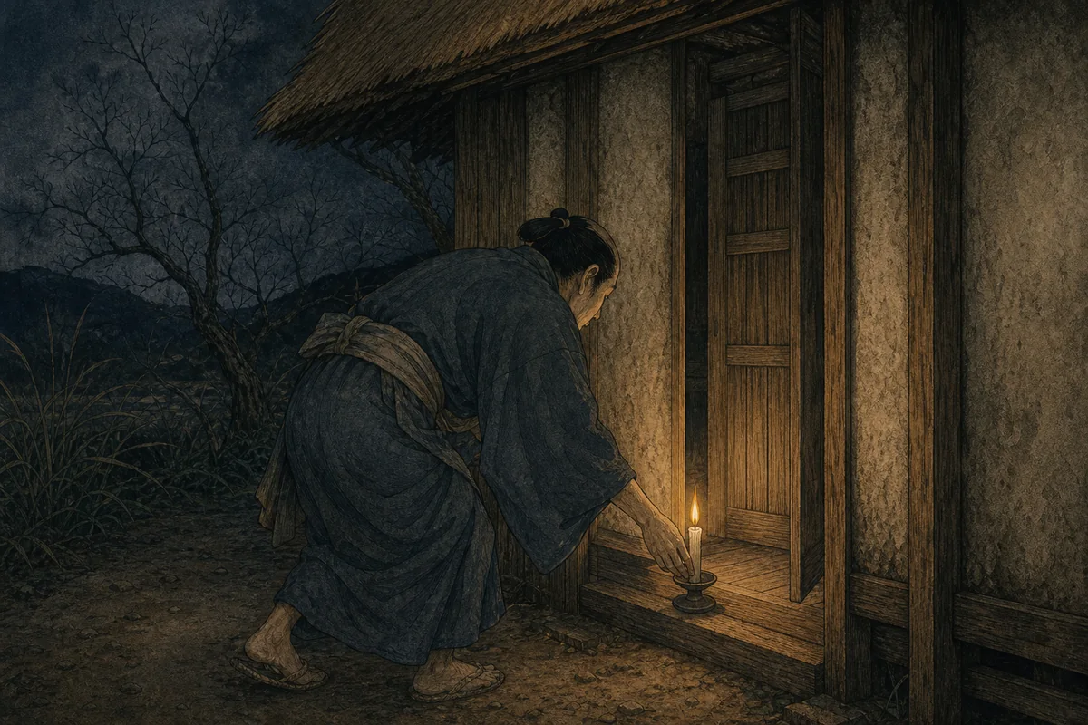 年越し前の家で、家人が厠の戸口へ灯明を置く場面