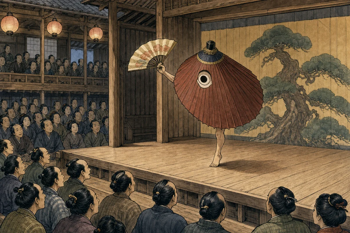 芝居小屋の舞台で、扇子を持った一本足の唐傘が客前で踊る場面