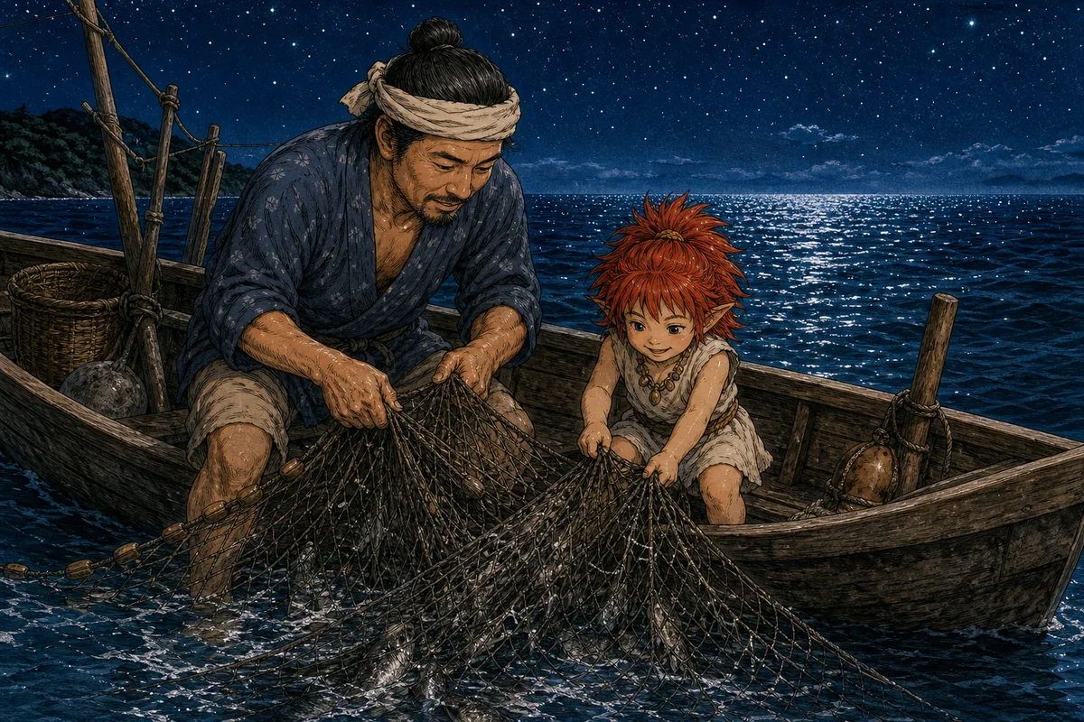 星明かりの海で、漁師と小さなキジムナーが木造舟から網を引く場面