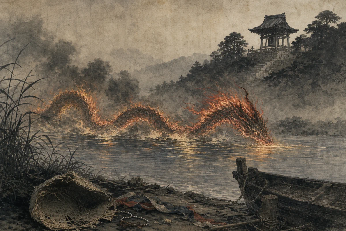 日高川を渡る炎の大蛇と、遠くの道成寺の鐘楼を描いた清姫の場面