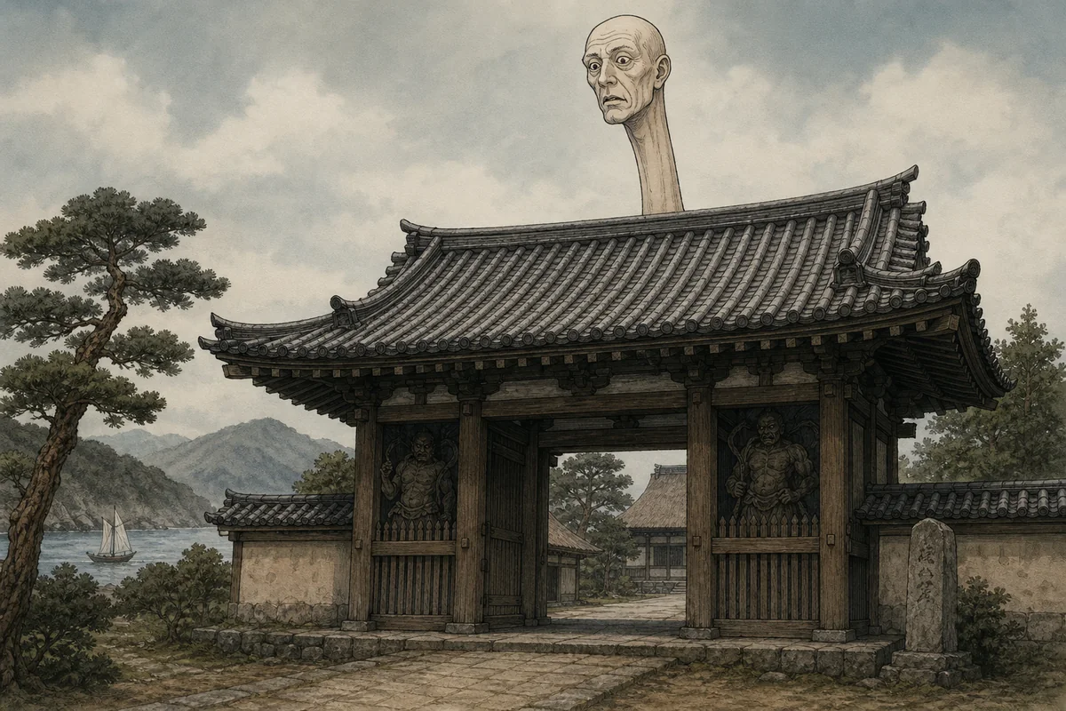 寺の山門の向こうで、見越入道の首が屋根より高く伸びている場面