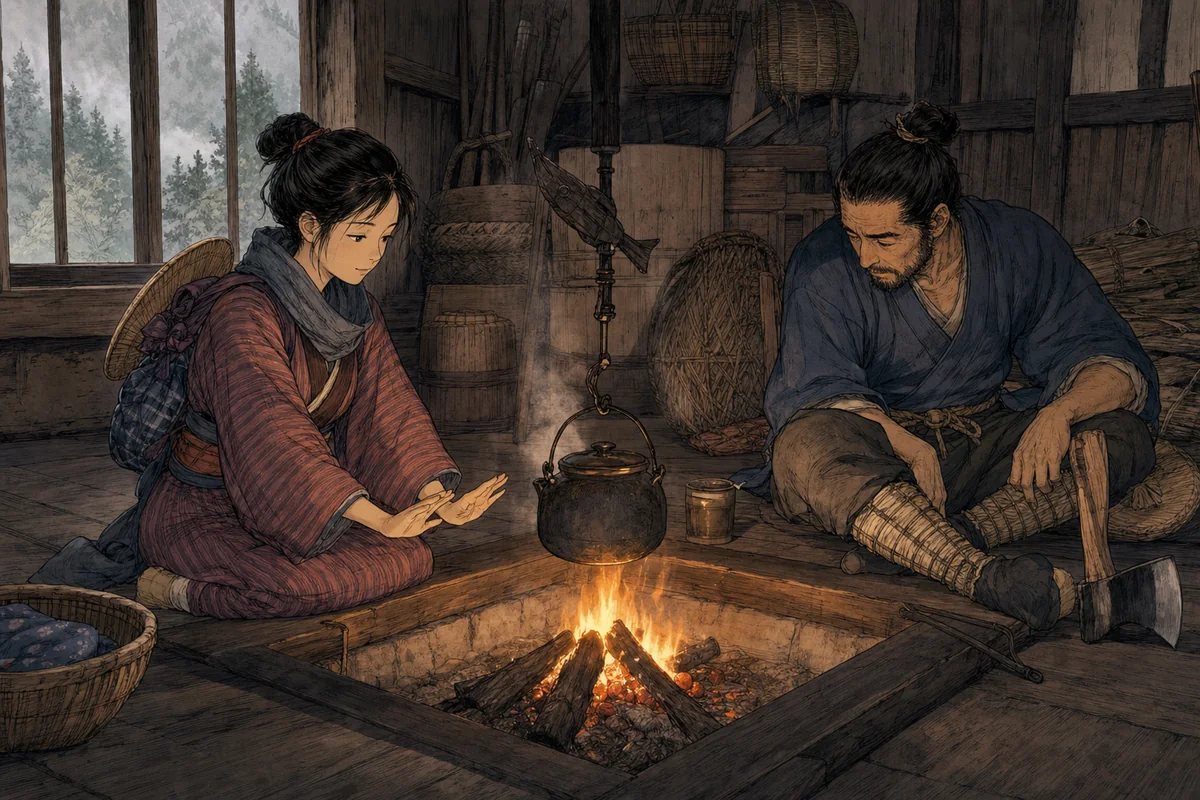 囲炉裏のある山小屋で、旅の娘が火へ手をかざし、木挽きが足元を見ている場面