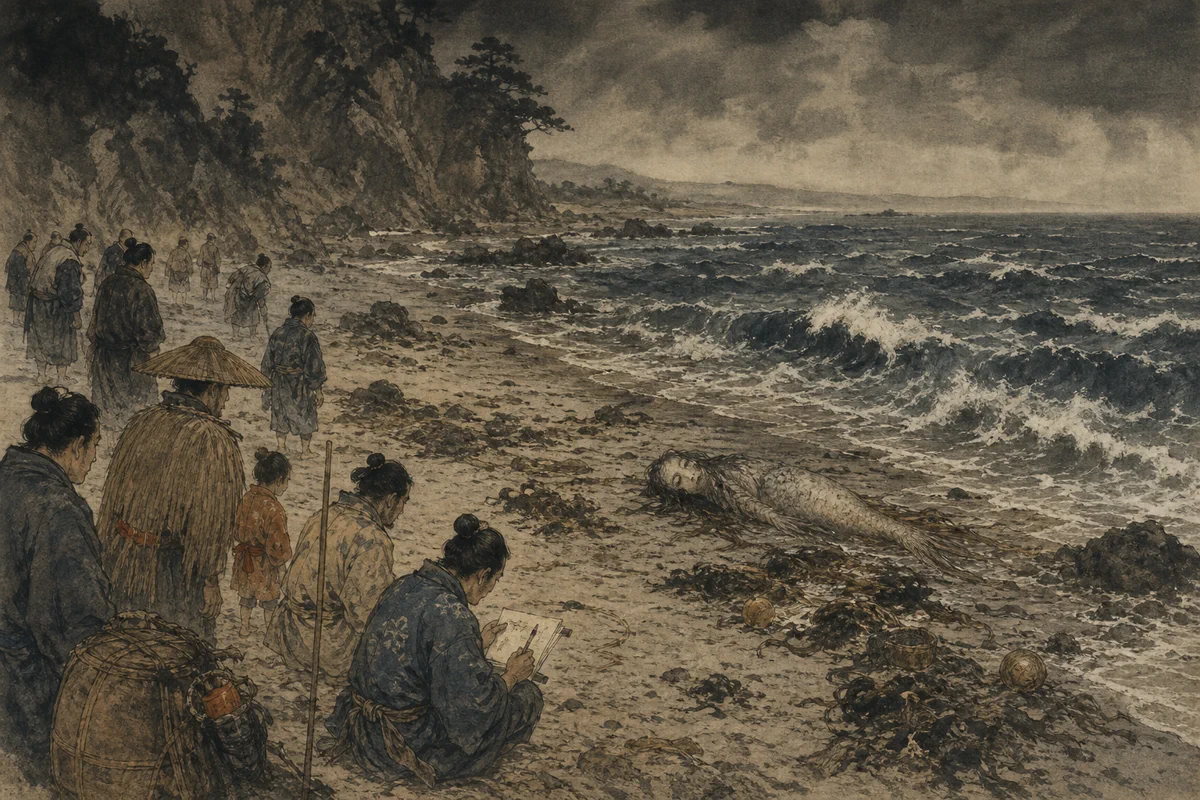 荒海の浜へ魚体と人に似た顔の人魚が打ち上げられ、村人が遠巻きに記録する場面