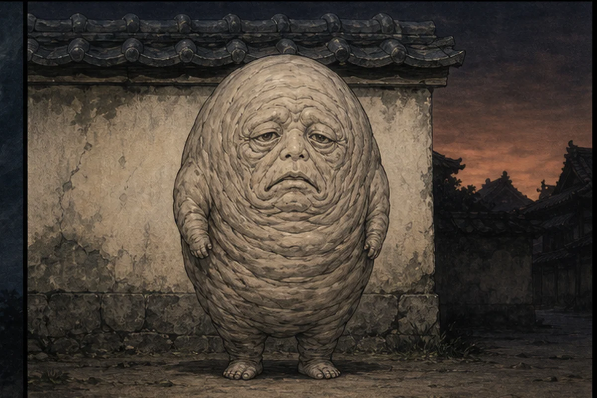 江戸の土塀脇に立つ、皺の多い一頭身のぬっぺっぽうを正面から描く
