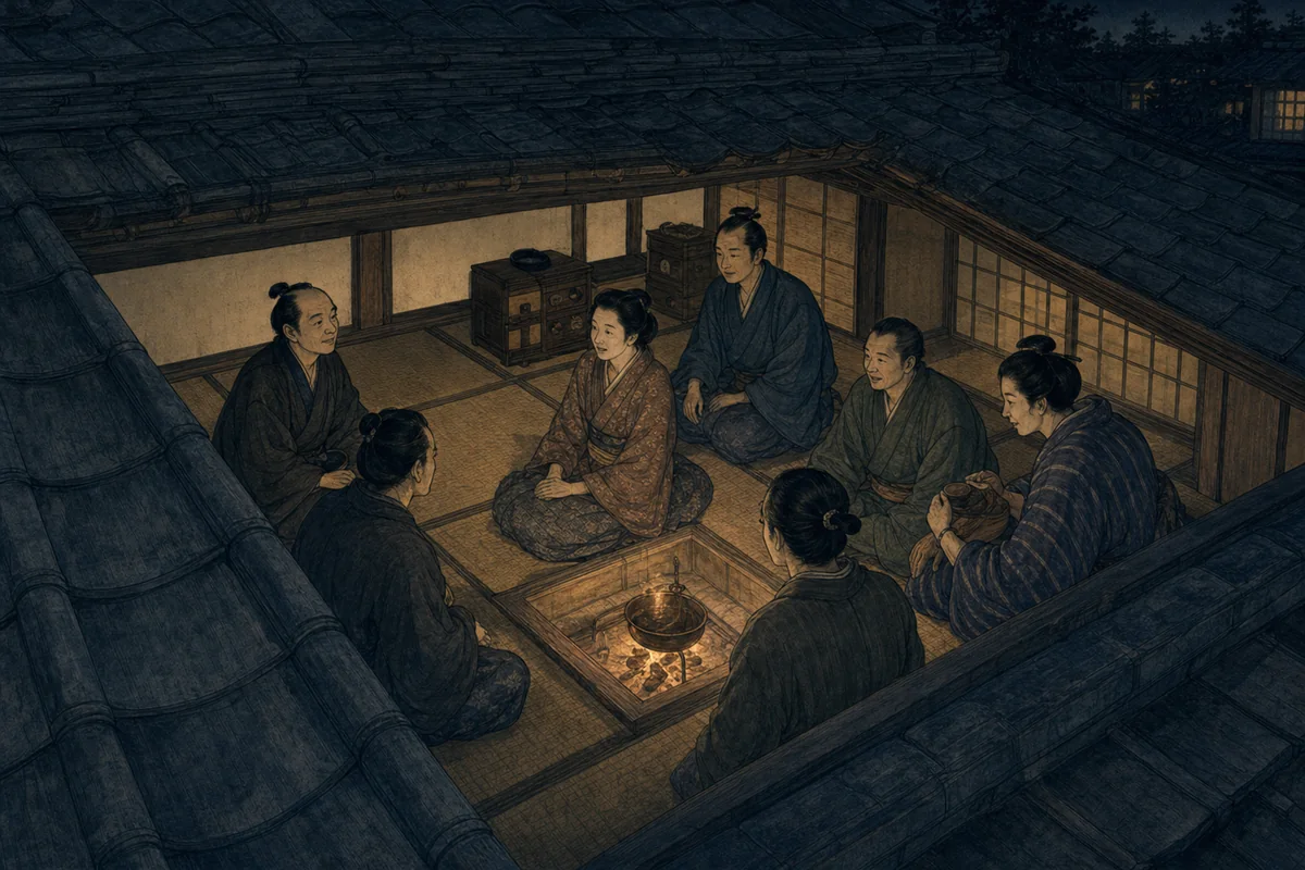 家の中で庚申待の人々が囲炉裏を囲み、眠らず話す場面