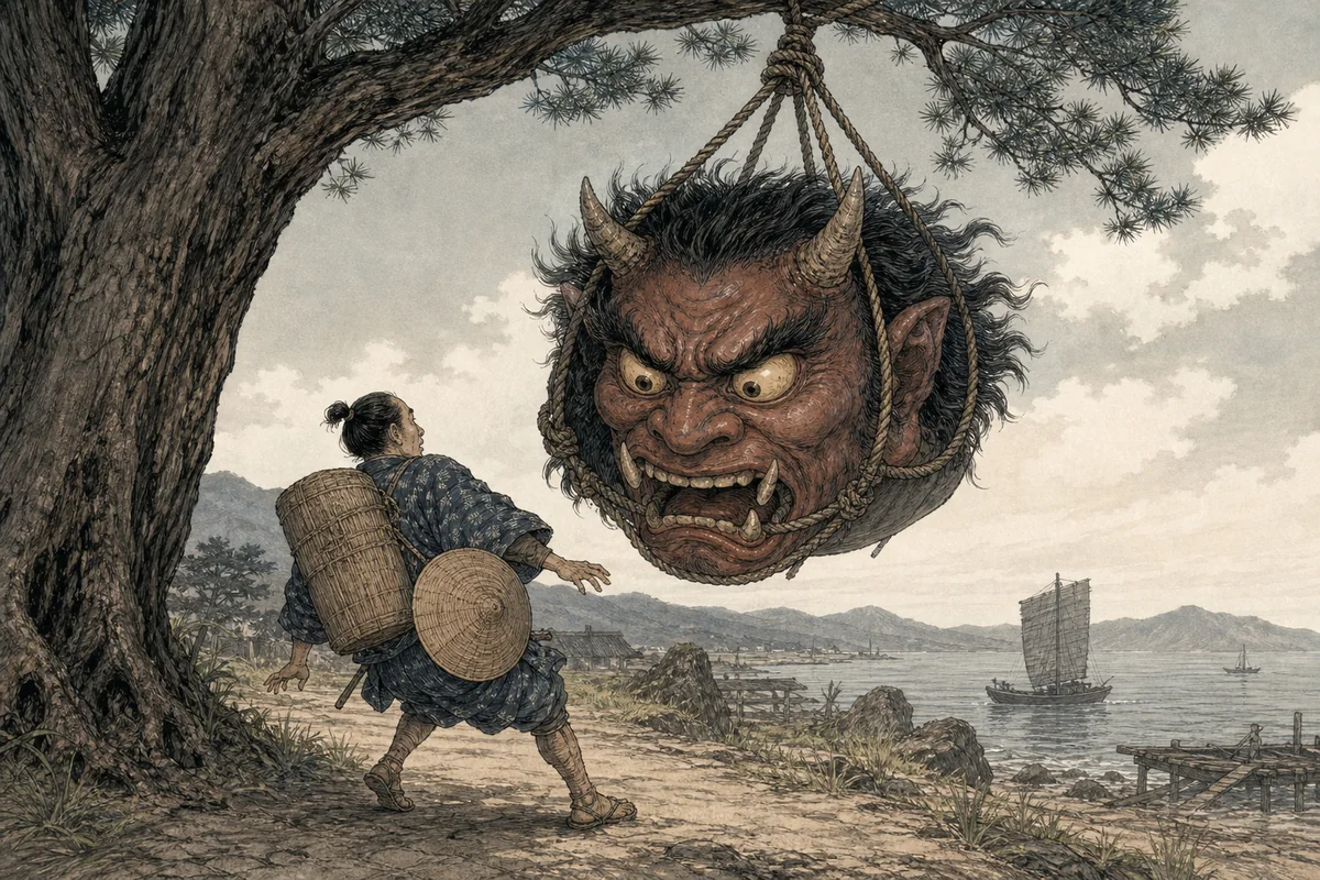 旅人が木の下を通る瞬間、大きな鬼の頭が縄の釣瓶のように降りる場面