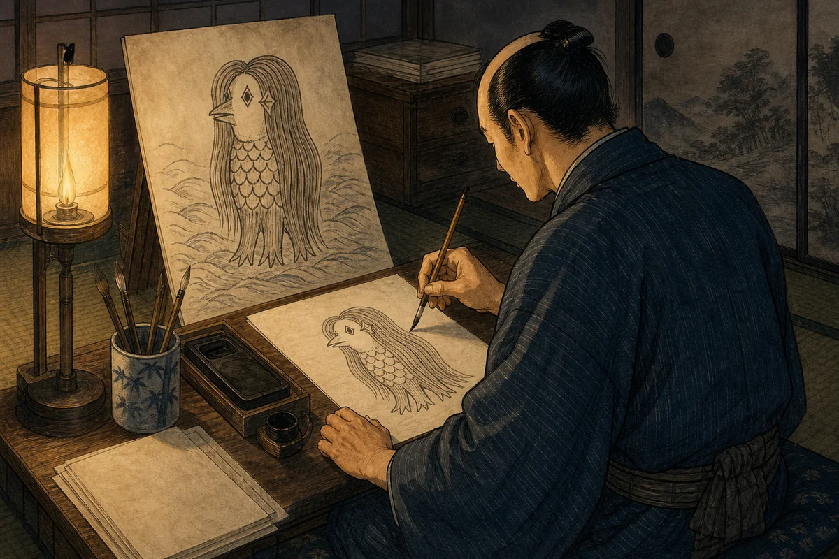 江戸時代の部屋で、書き手がアマビエの姿を紙へ写している場面