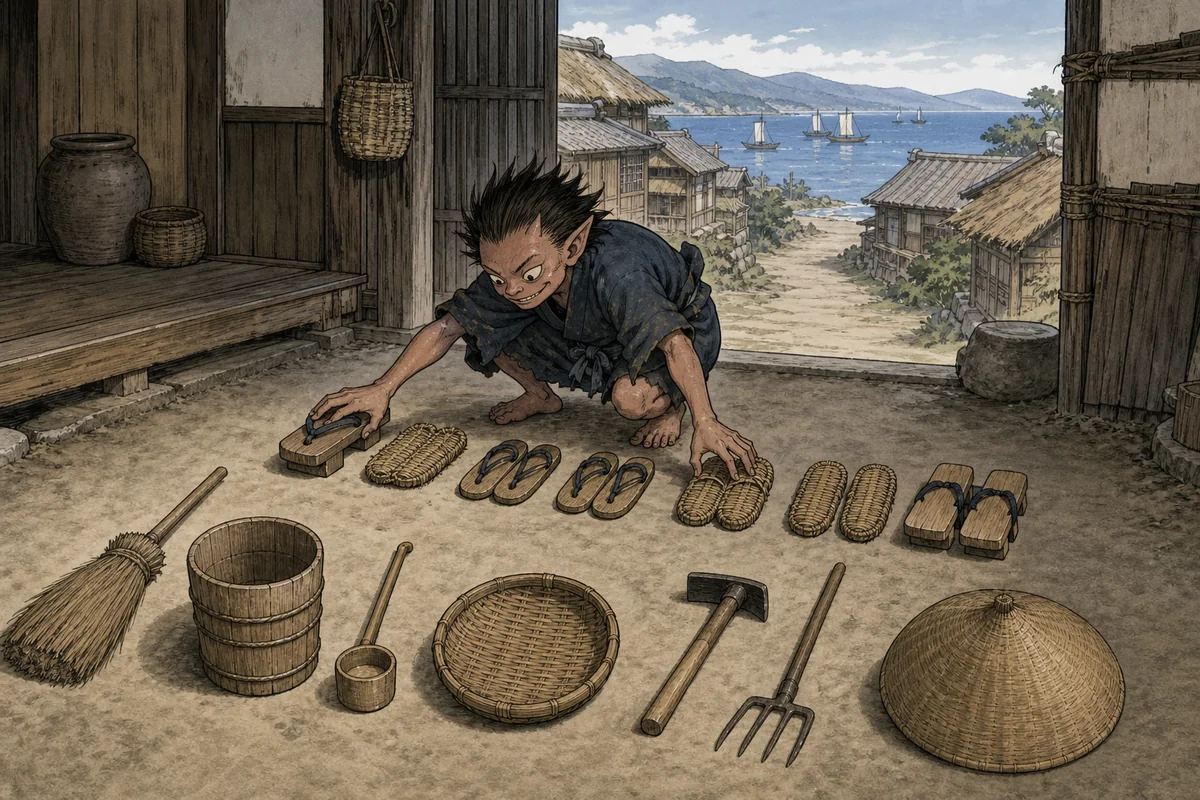 土間で天邪鬼が家人の道具を左右反対に並べ替えている場面