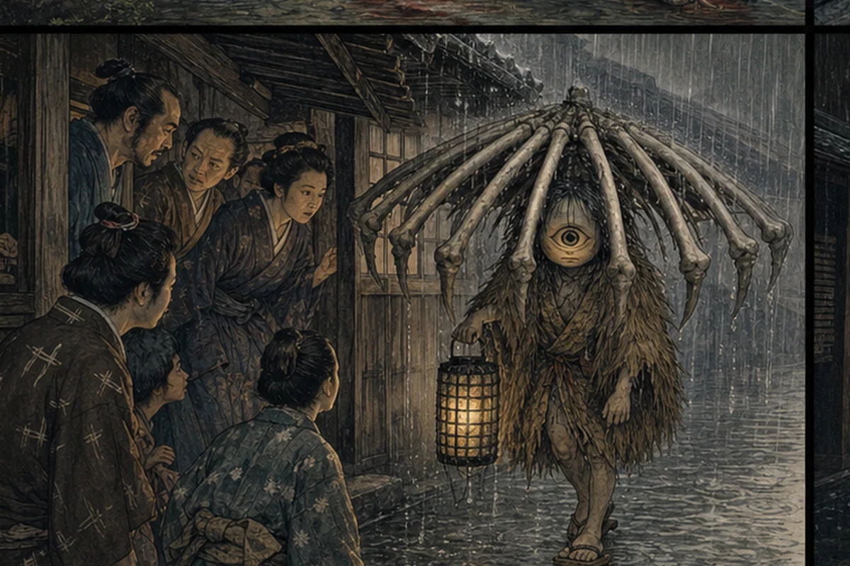 軒下の町人のすぐ前を、一つ目の雨降小僧が提灯を下げて通り過ぎる