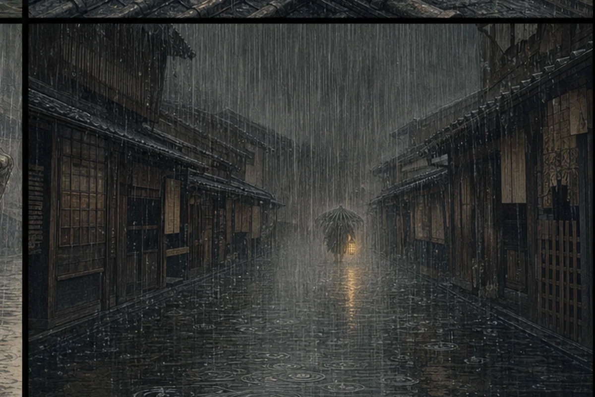 雨降小僧が激しい雨の幕へ消え、水たまりの波紋と提灯の残光だけが残る