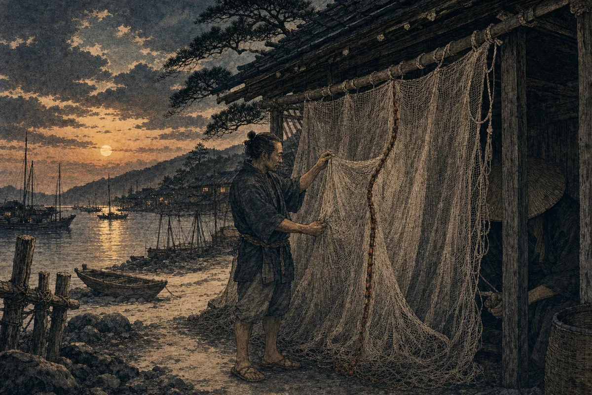 漁村の夕方、漁師が軒先へ干した網を一枚ずつ確かめる場面