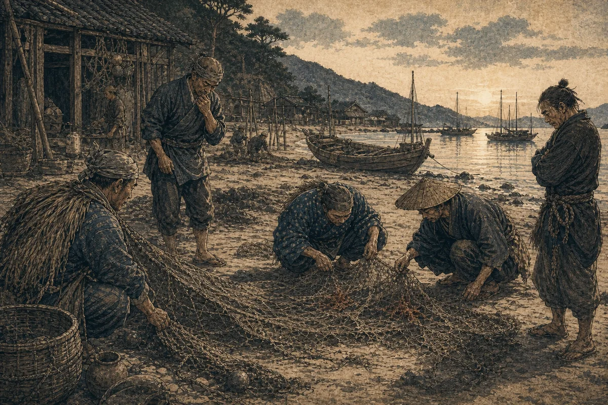 翌朝の浜で漁師たちが切られた網を広げ、跡を調べる場面