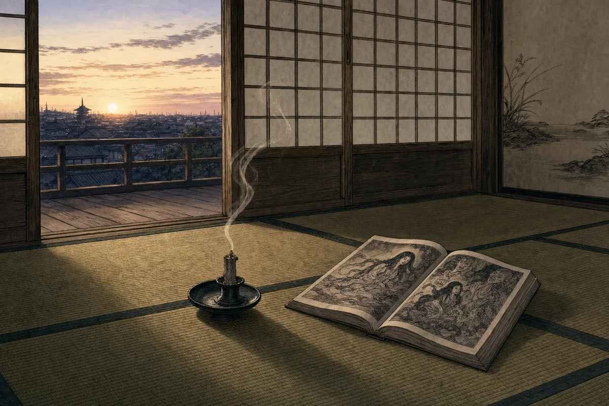 夜明けの座敷で、消した灯心と開いた怪談本だけが畳に残る場面