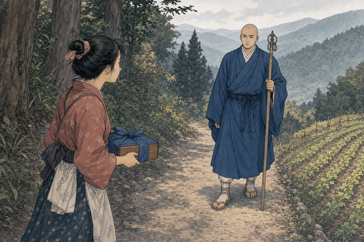 山の畑へ弁当を運ぶ娘の前に、青い僧衣の坊主が立つ場面