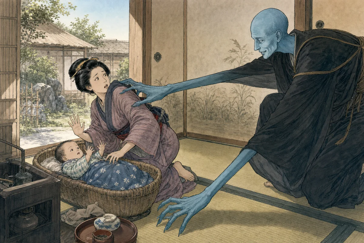 赤ん坊のいる昼の家で、子守が長い手の青坊主から離れようとする場面