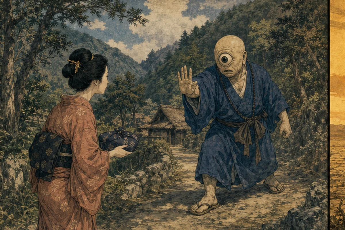昼の山道を一つ目の青坊主が塞ぎ、弁当を運ぶ娘が足を止める