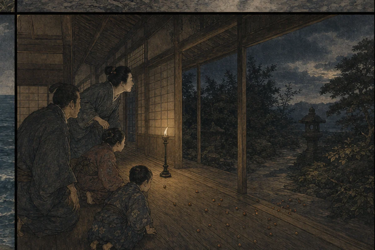 武家屋敷で小豆を撒く音が天井から庭へ移り、家人たちが空の廊下を追う