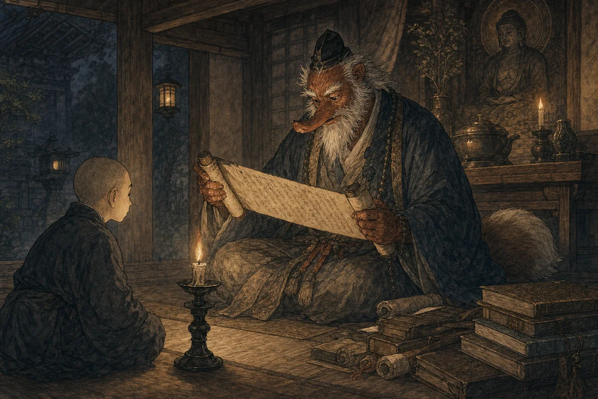 寺の本堂で老僧の姿をした狸が灯火の下で巻物を読む場面