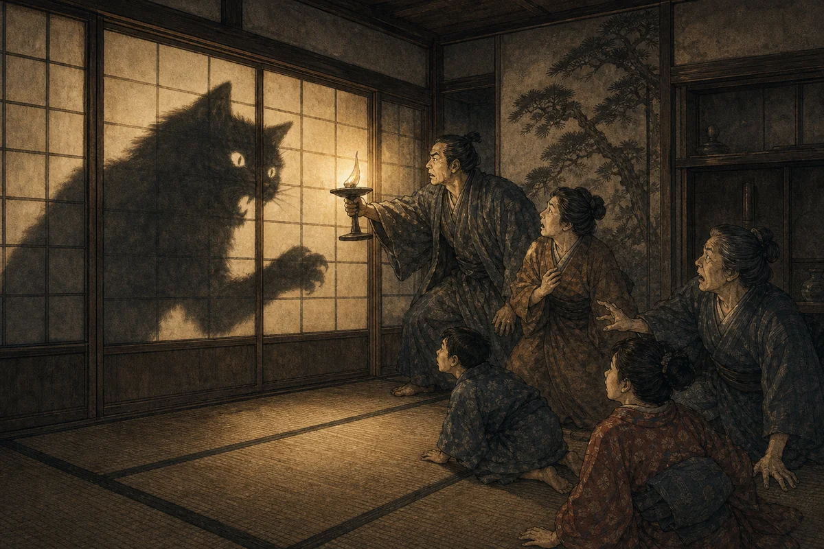 障子に巨大な猫の影が映り、座敷では家人が灯を掲げる場面