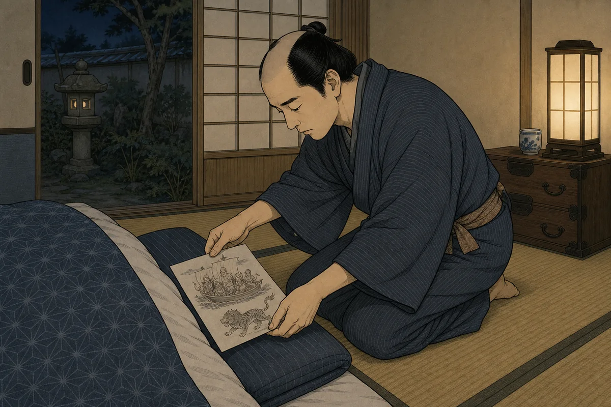 江戸の家で、七福神の宝船と獏を描いた紙を枕の下へ入れる場面