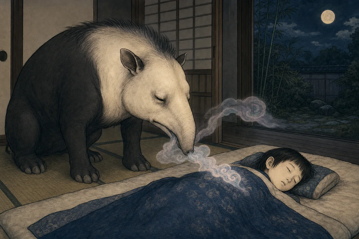 眠る子どもの布団のそばで、獏が薄い夢の雲を鼻から吸う場面