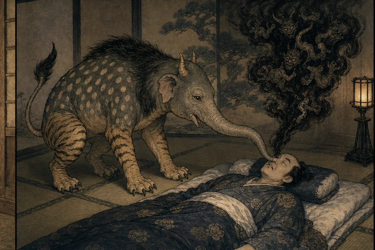 象の鼻と虎の脚を持つ獏が、眠る武士から立ち上る黒い悪夢を鼻で吸い込