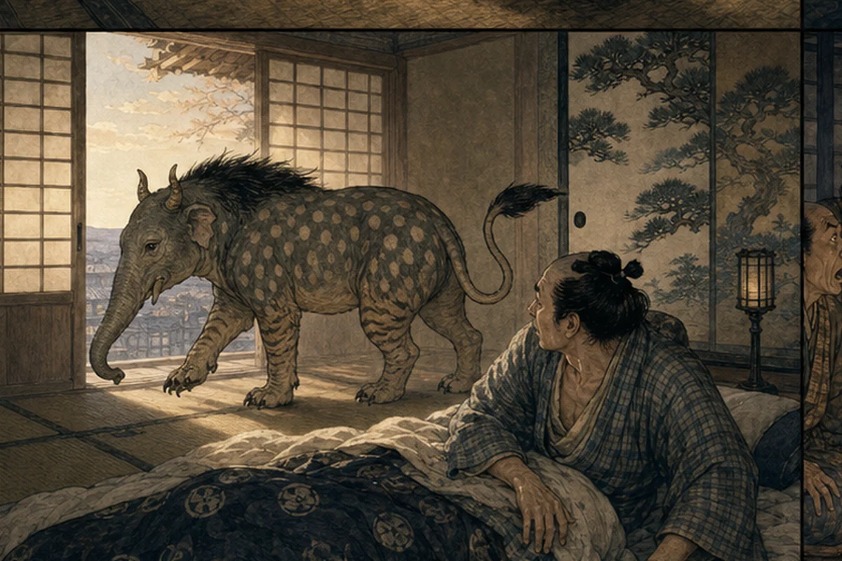 悪夢が消えた寝所で獏が枕元から静かに去り、眠っていた者が目を覚ます