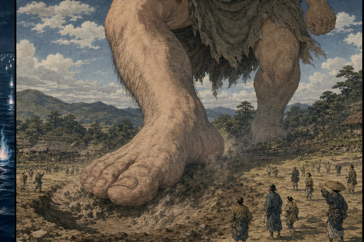 常陸の巨人が大地へ足を下ろし、村人の前に巨大な足跡の窪みができる