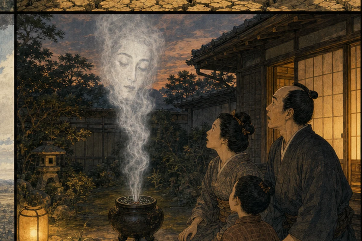 江戸の庭の蚊遣りから立つ煙の中へ、薄い人の顔がはっきり浮かぶ