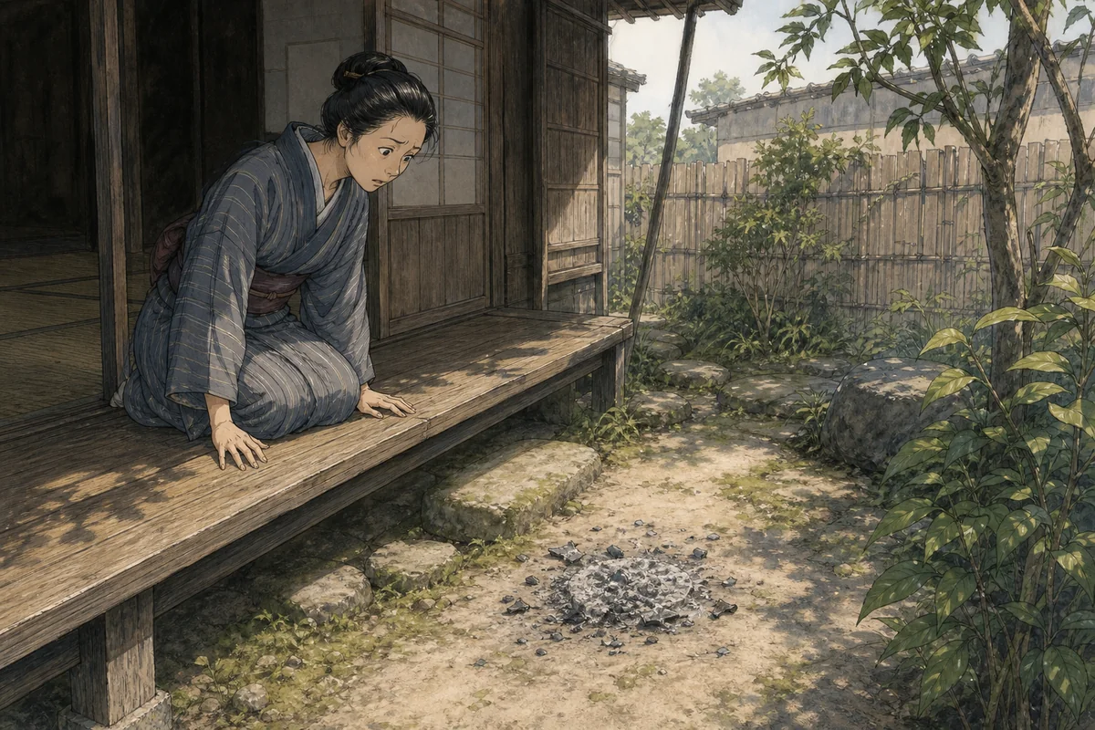 明るい朝、消えた蚊遣りと灰だけが庭に残る場面