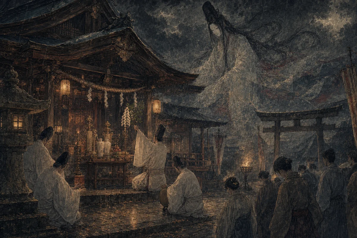 鎮めの祭礼を終えた社で、恐れられた御霊が守護神として祀られる場面