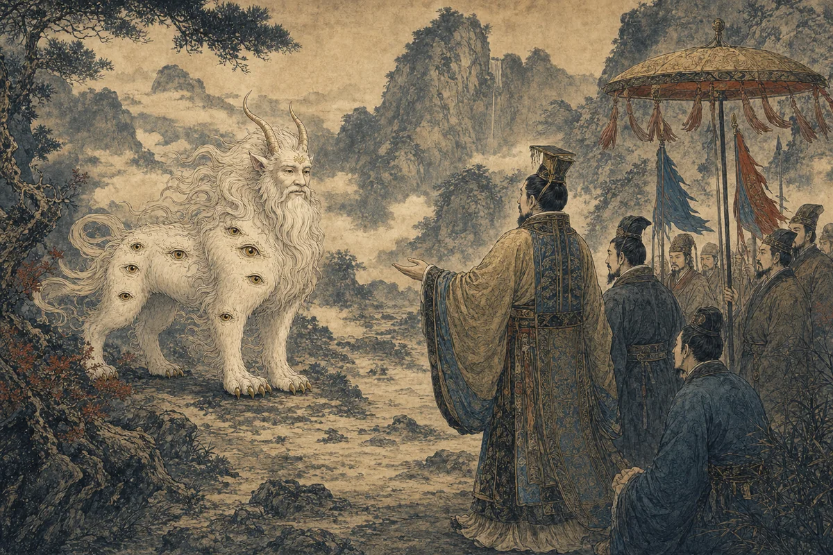 古代中国の山野で白澤が帝の一行の前へ姿を現す場面
