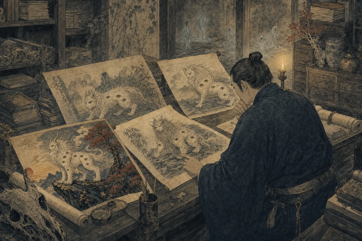 時代の異なる白澤図を学者が机へ並べ、姿の違いを比較する場面