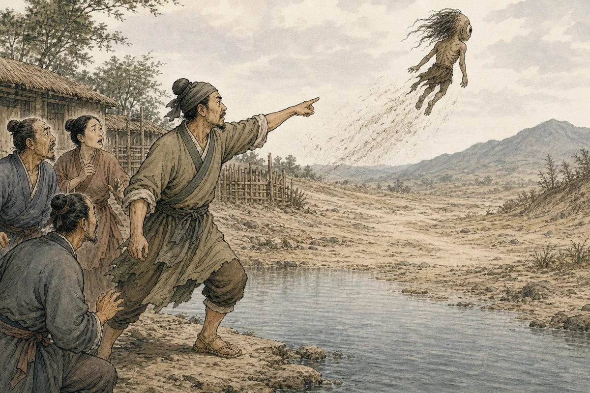 村人が水辺で北を指し、魃が乾いた道を離れていく場面