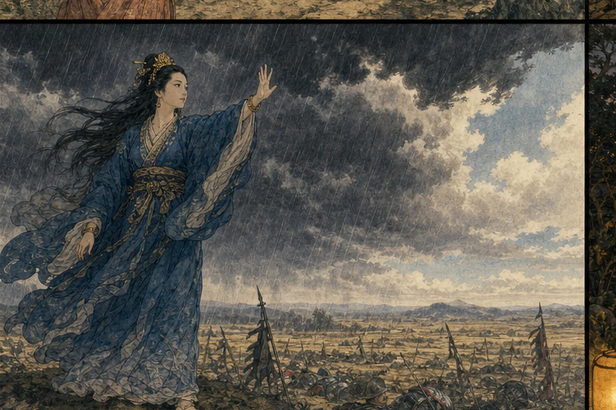 青衣の女魃が古代の戦場へ立ち、頭上の雨雲と雨脚が遠ざかる