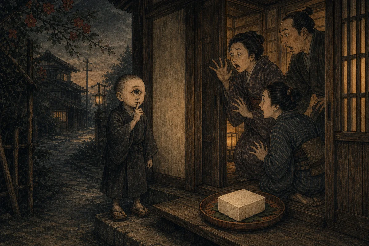 一つ目の小僧が商家の戸口で指を口に当て、家人を驚かせる場面