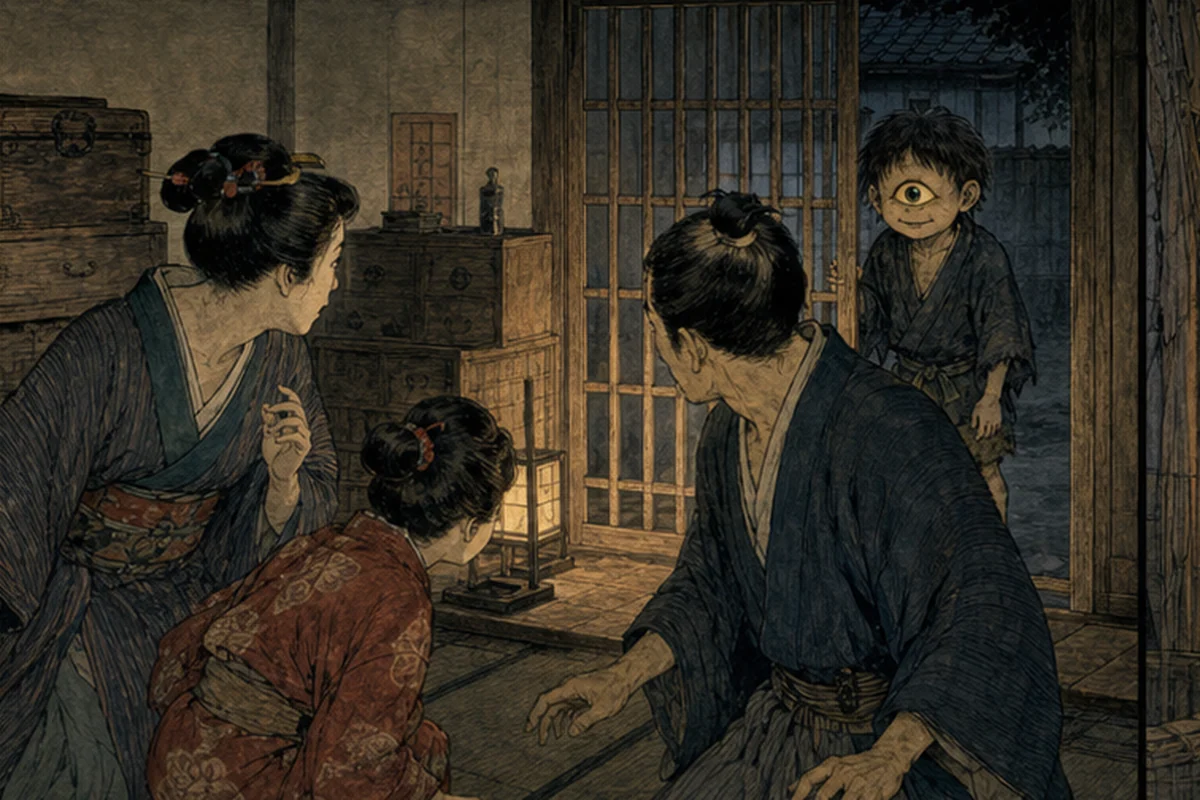 江戸の商家の格子戸から一つ目の小僧が顔を出し、家人が驚いて振り返る