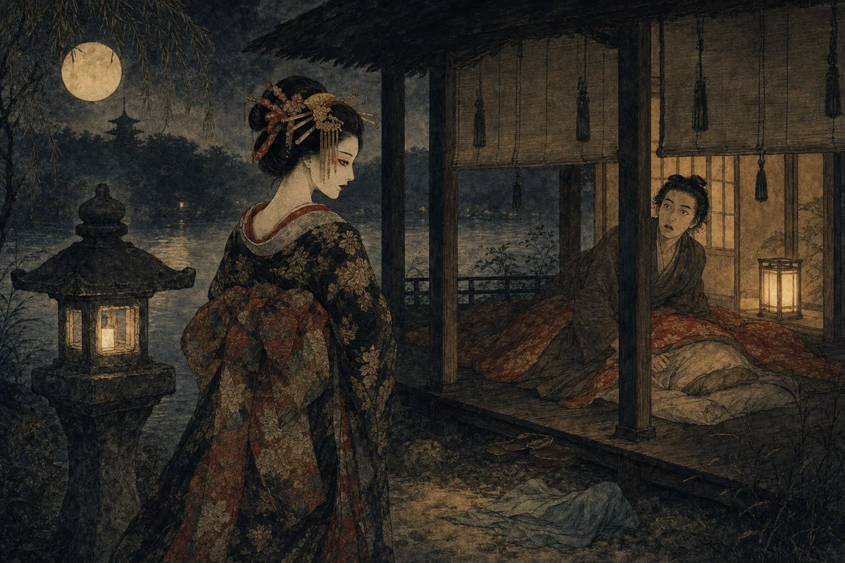 灯籠の夜に死んだはずの女が生前の姿で恋人の家を訪れる場面