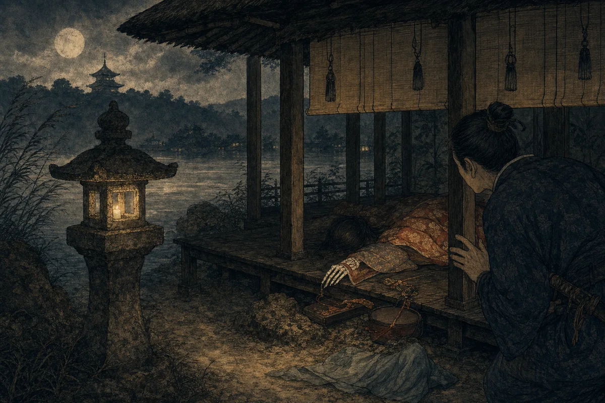 灯明の影で女の袖口から白骨の手がのぞき、見張る者が息を潜める場面