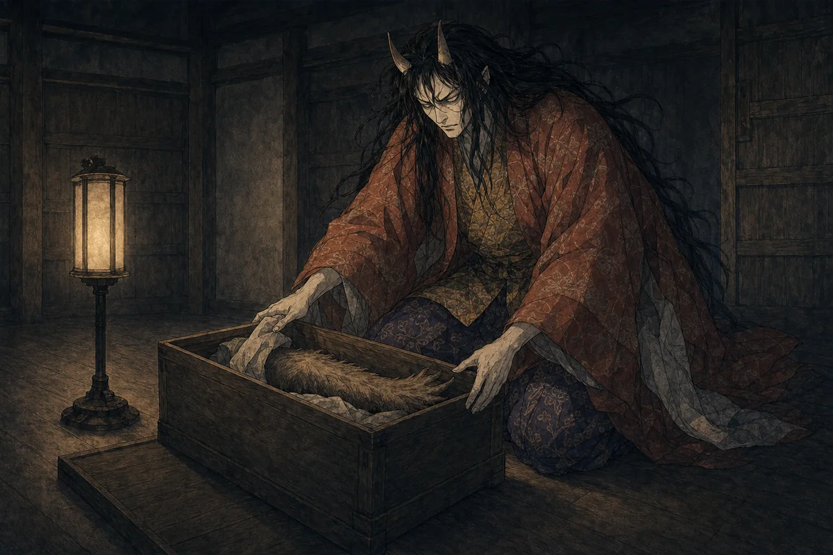 綱が屋敷の箱へ毛の生えた鬼の腕を納める場面