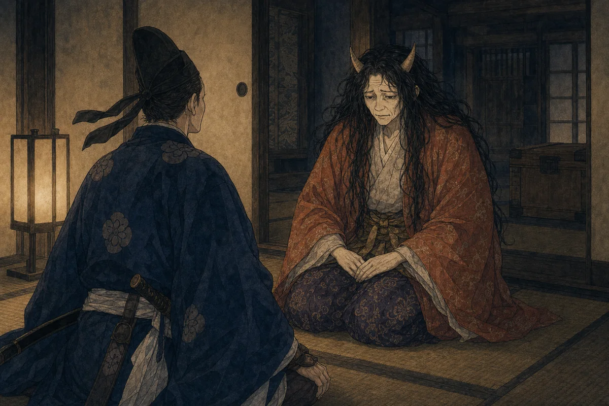 伯母の真柴に化けた茨木童子が、灯りの下で綱と話す場面