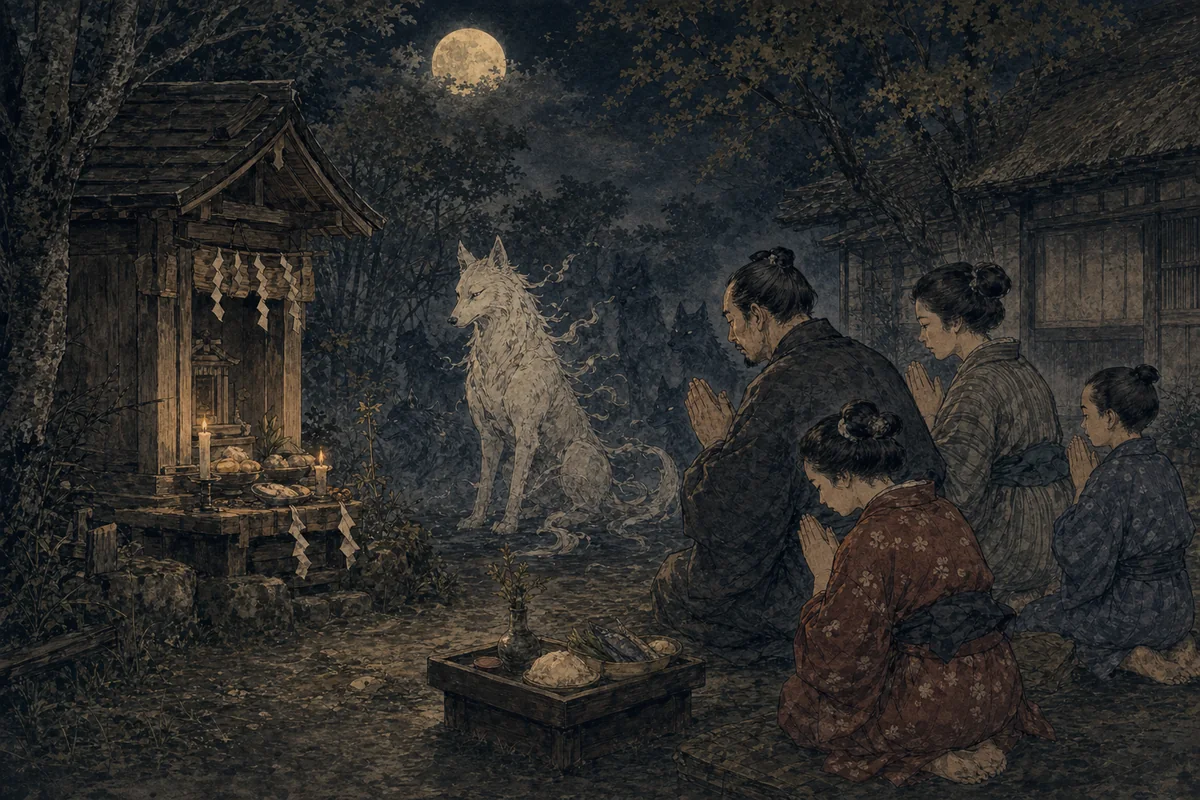 供物を置いた小さな祠の前で、家人が犬神を鎮める祈りを捧げる場面