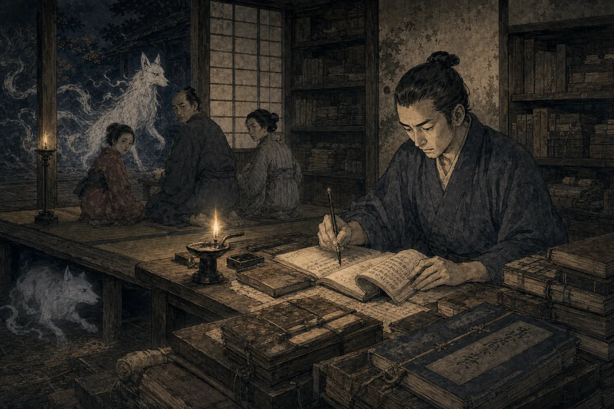 古い記録を読む研究者が、伝承と家筋への差別を分けて書き留める場面