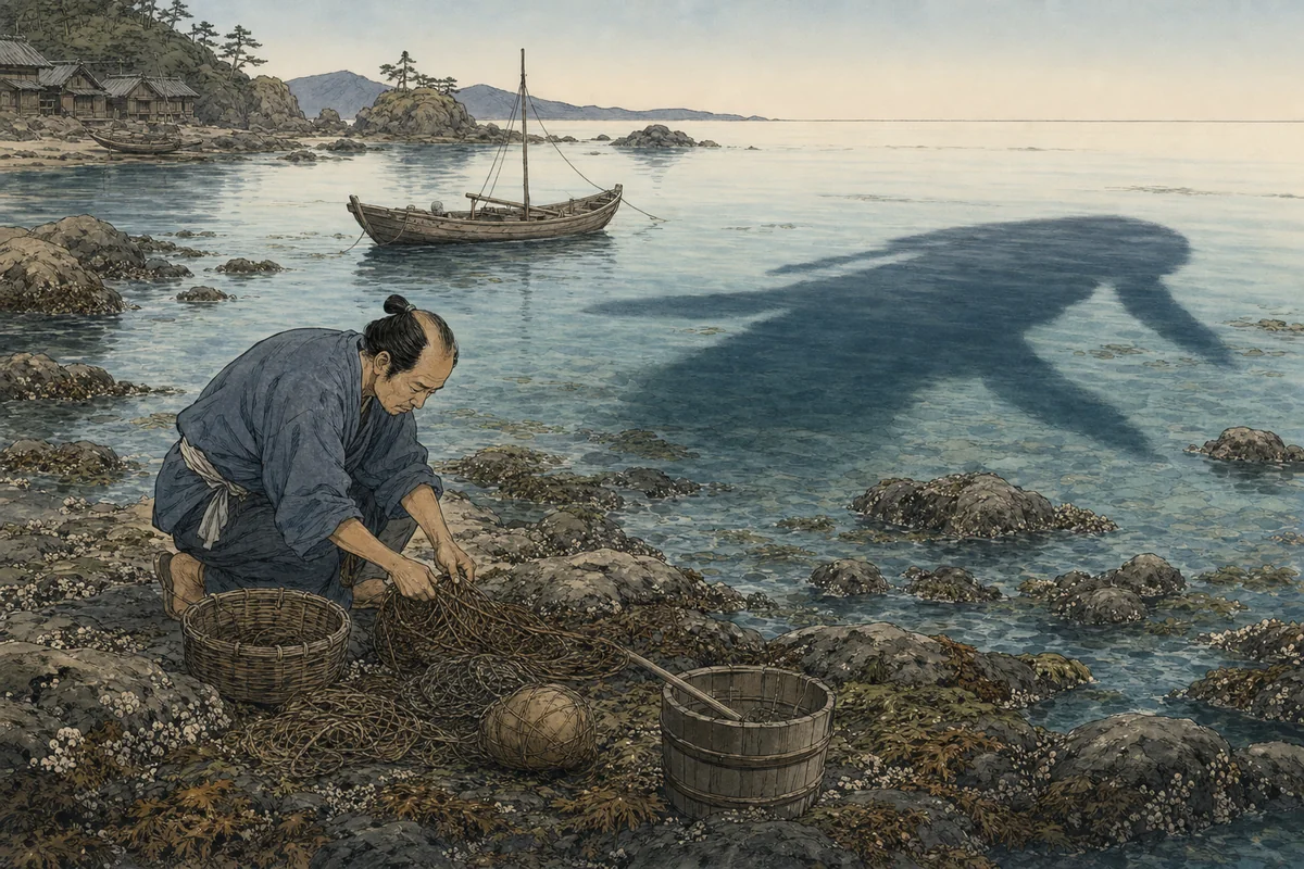 波の穏やかな磯で漁具を片づける人の背後に大きな影が通る場面