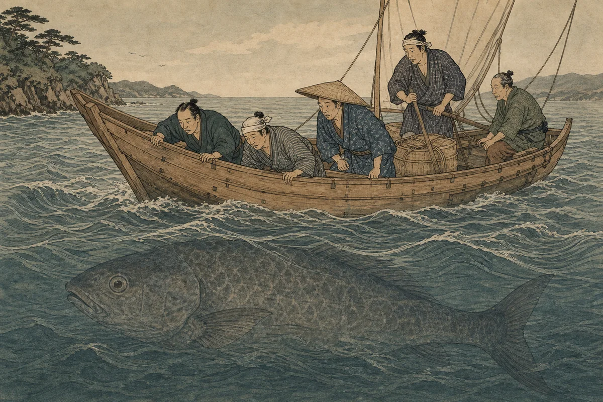 古い木版画を思わせる海で、船より大きな魚が水面下を横切る場面