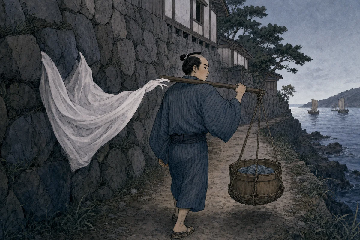 石垣沿いの細道で、白布の端が歩く人の肩へ触れようとする場面
